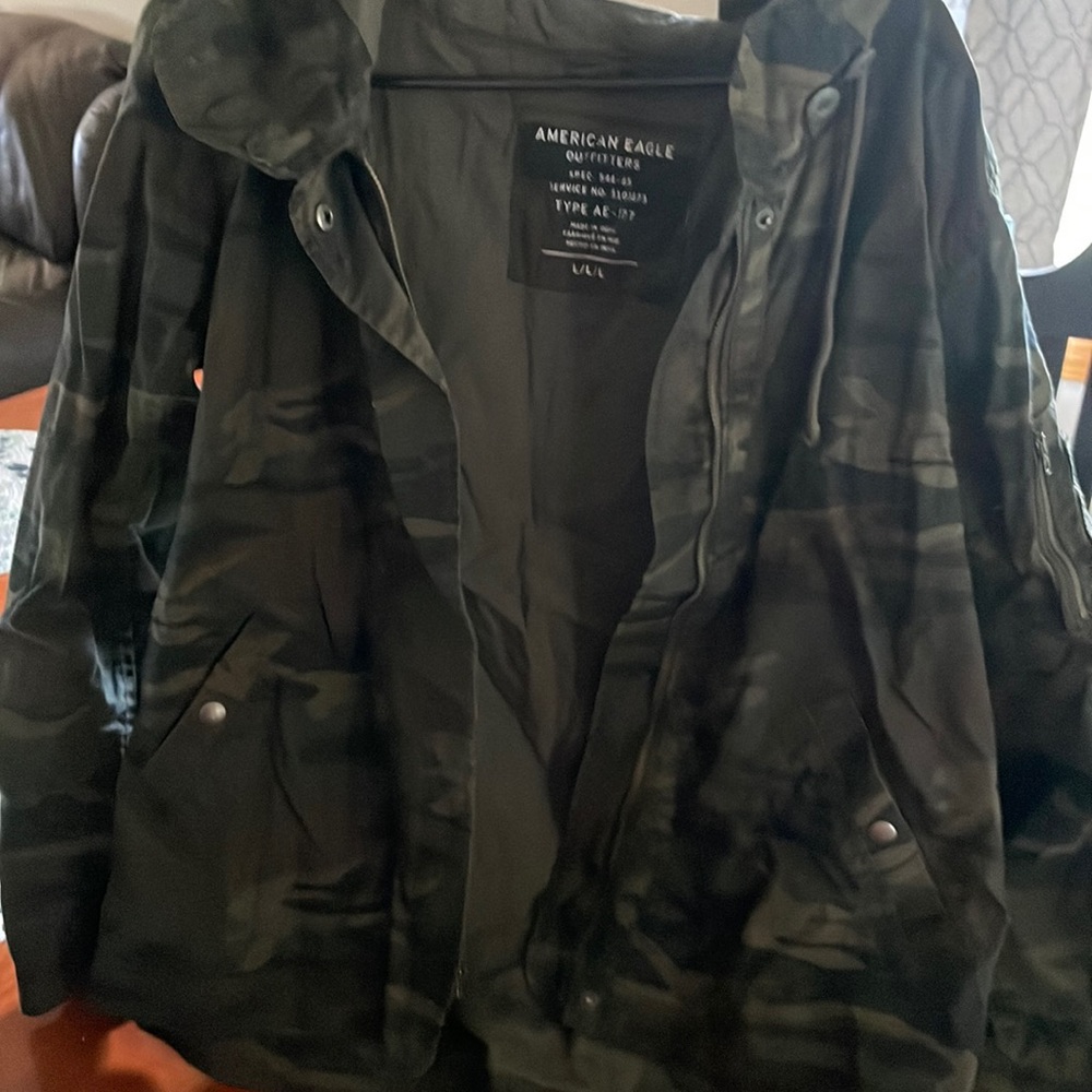 Fall/winter army coat embroidered with velvet letters LOVE on back.  Size L